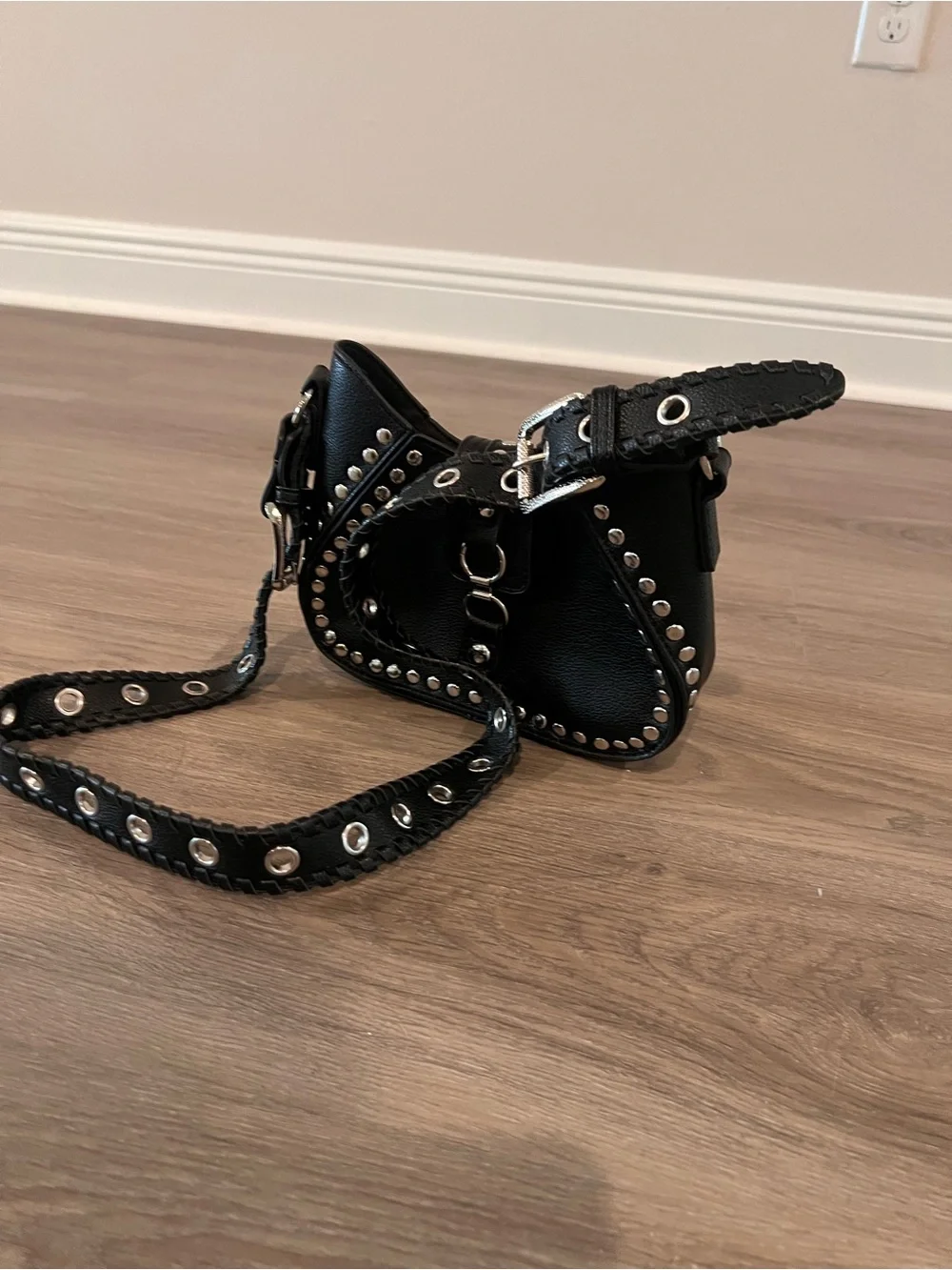 Urban Outfitters Black Studded Leather Shoulder Bag with Grommet Strap